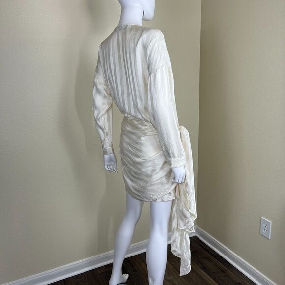 Michelle Mason Womens Size 4 Ivory Crepe Silk Satin Stripe Mini Wrap Shirt Dress - Picture 12 of 15